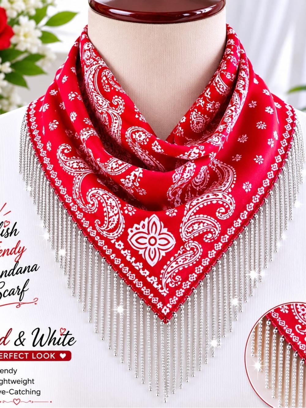 Red Paisley Bandana Scarf with Silver Fringe